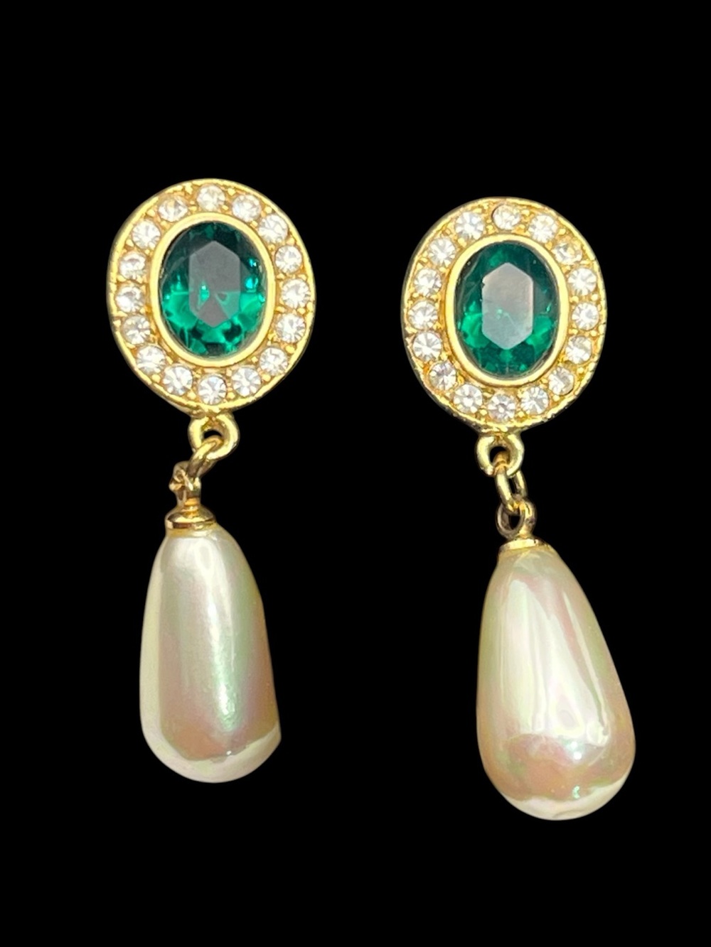 Roman signed green & clear rhinestone halo faux pearl gold tone dangle earrings
